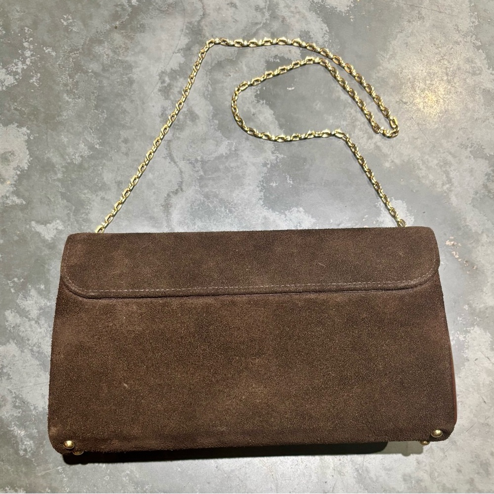 Vintage Crown Lewis Brown Suede Clutch with Gold Chain - Picture 2 of 10